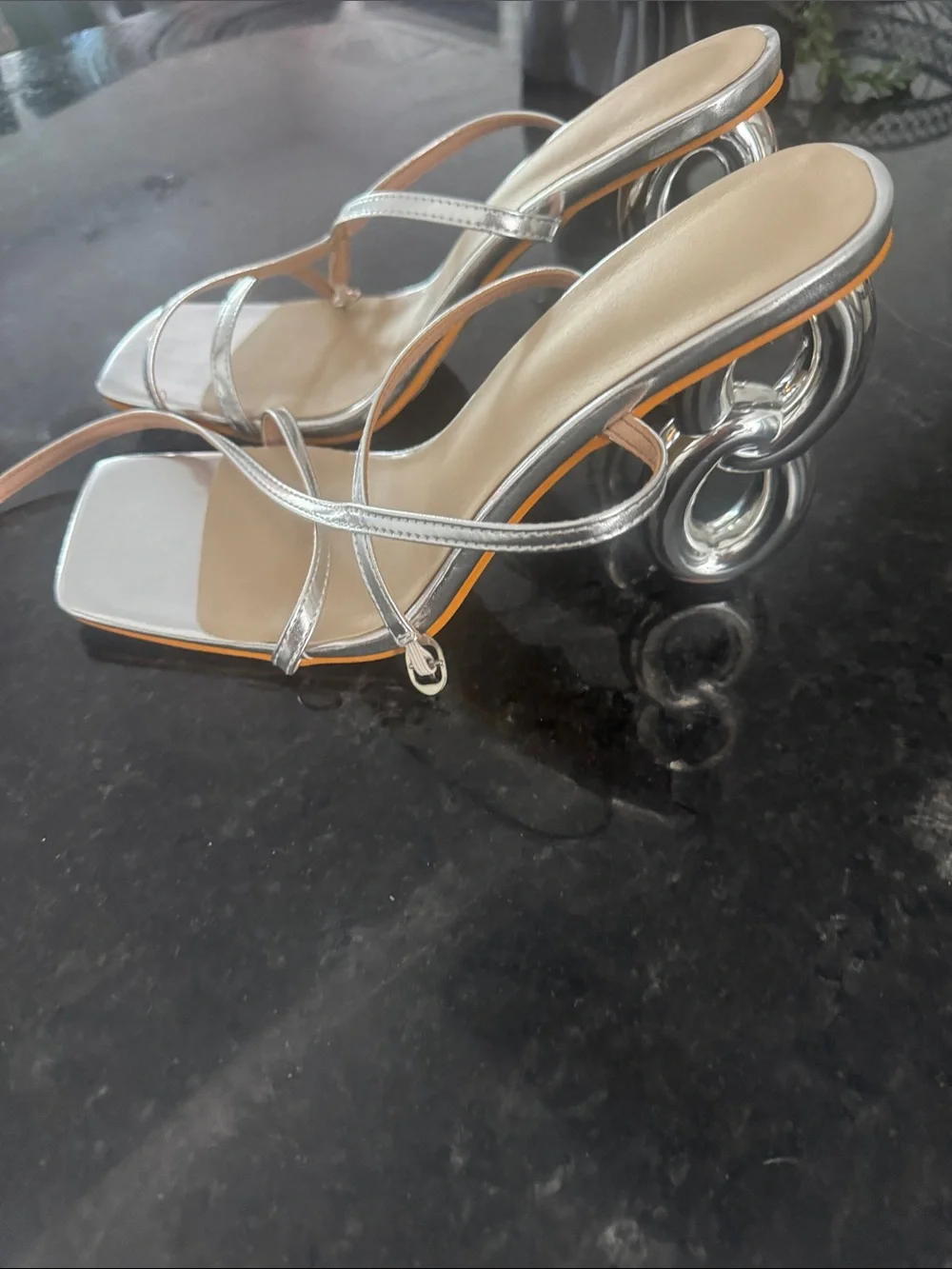 Silver Sculptural-Strap Heeled Sandals